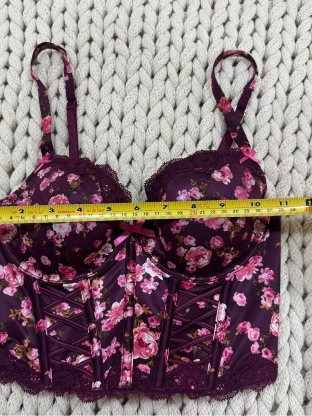 NWT Victoria’s Secret Dream Angels Burgundy Floral Lace Up Corset Bra Top Sz 32C - Picture 6 of 8